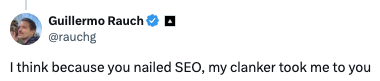 Guillermo Rauch, CEO of Vercel, tweeting that his AI agent found Value Add VC because of its SEO